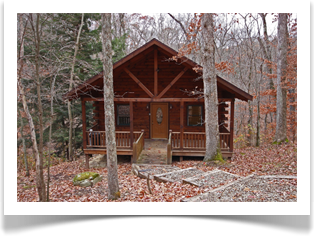 fall leaves cover ground around cabin with open porch