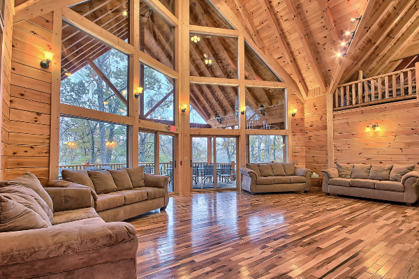 Charming cabin living room with a view