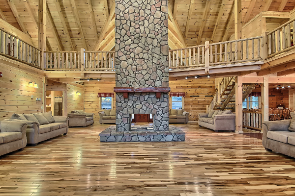 Exposed log cabin architecture in the living room