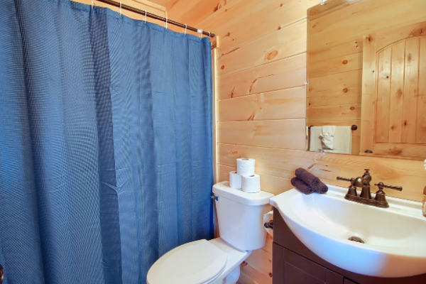 bathroom with blue shower curtain