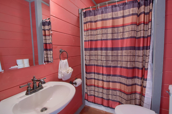 red plaid shower curtian in bathroom