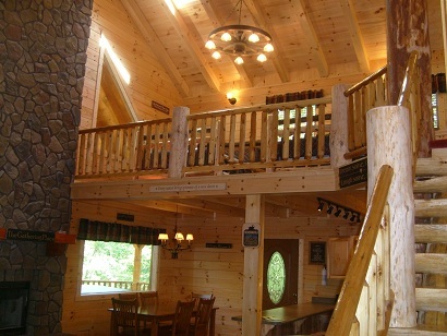 view looking up to loft in cabin